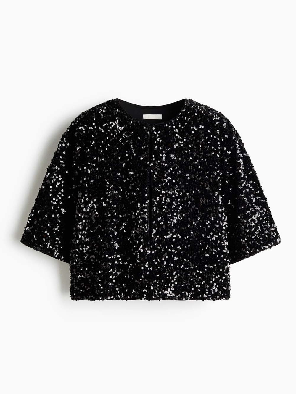 H&M Black Sequin Velour Short Sleeve Cropped Cardigan Size XL - Picture 2 of 8